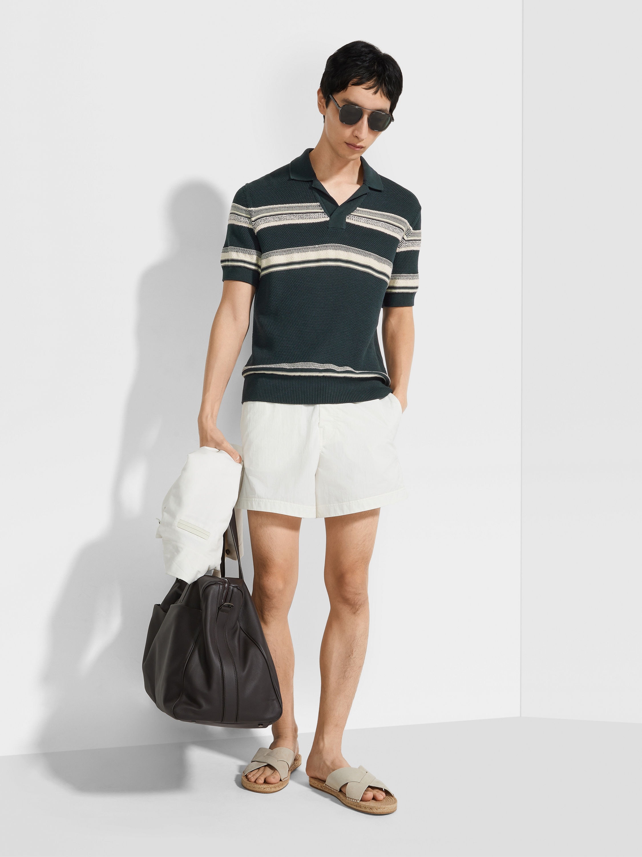 DARK TEAL BLUE LIGHT YELLOW AND WHITE COTTON AND SILK POLO SHIRT - 3