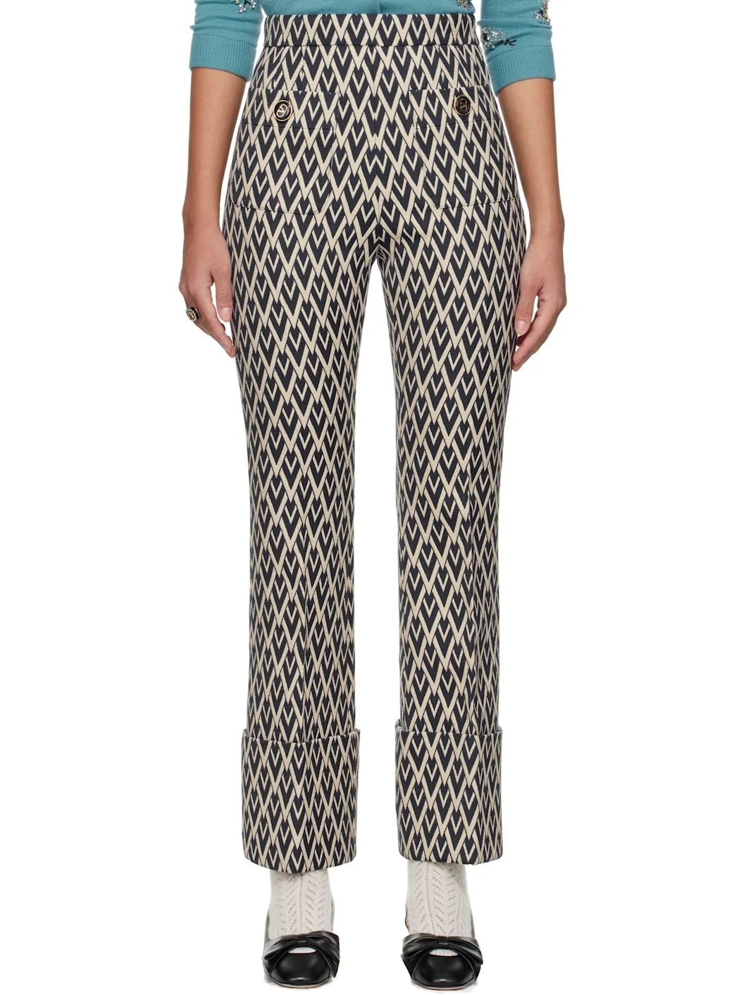 Off-White & Navy Toute 'La V' Jacquard Trousers - 1