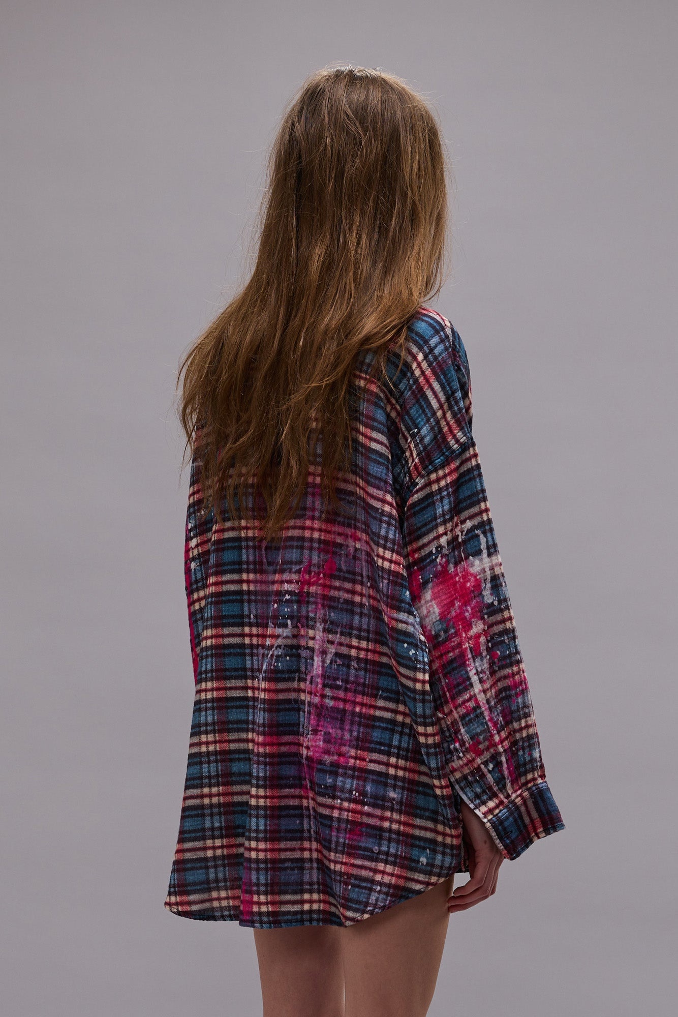 DROP NECK WORKSHIRT - BLUE PLAID WITH PAINT DRIPS -R13 - 6