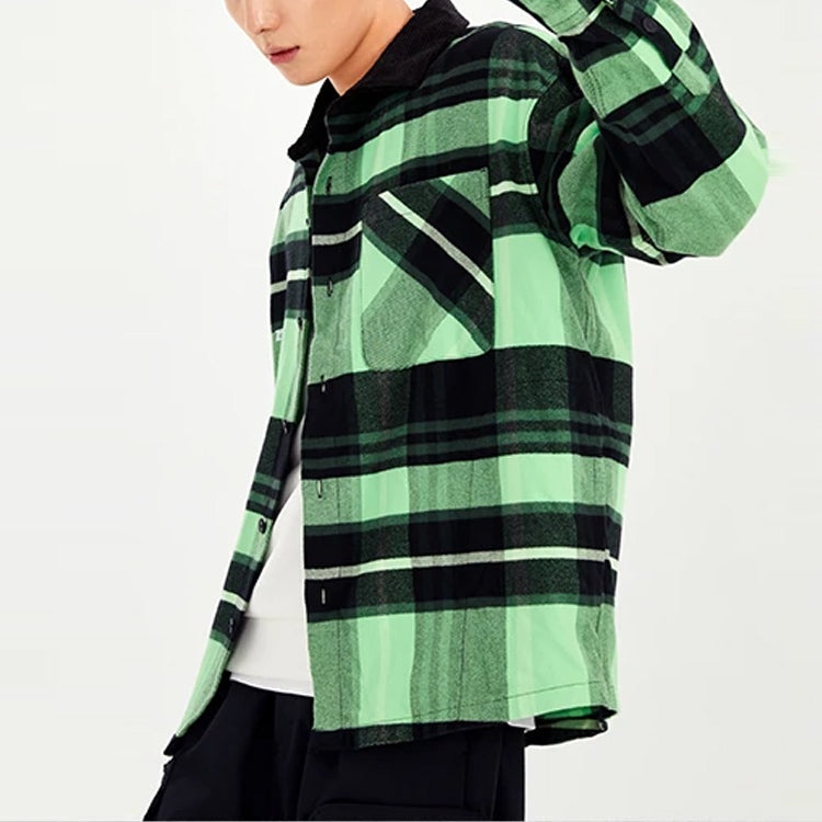 Li-Ning BADFIVE Sports Basketball Series Plaid Loose Fleece Lined Long Sleeves Shirt 'Green' ASHS005 - 5