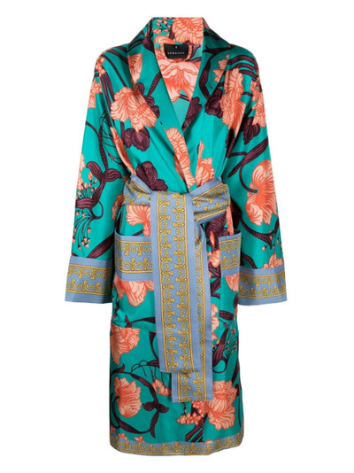 VERSACE Blue Art Deco Flowers printed silk robe outlook