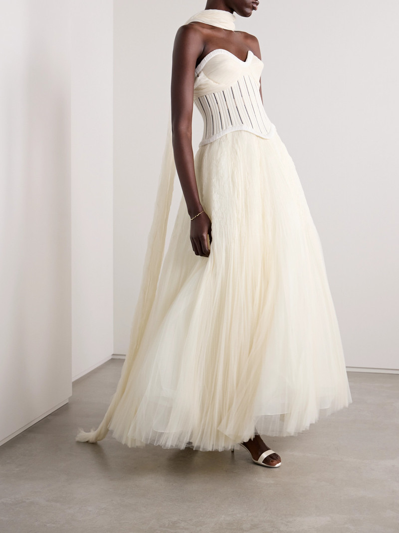 DANIELLE FRANKEL Anika Strapless Plissé Satin-trimmed Twill And Tulle Gown outlook