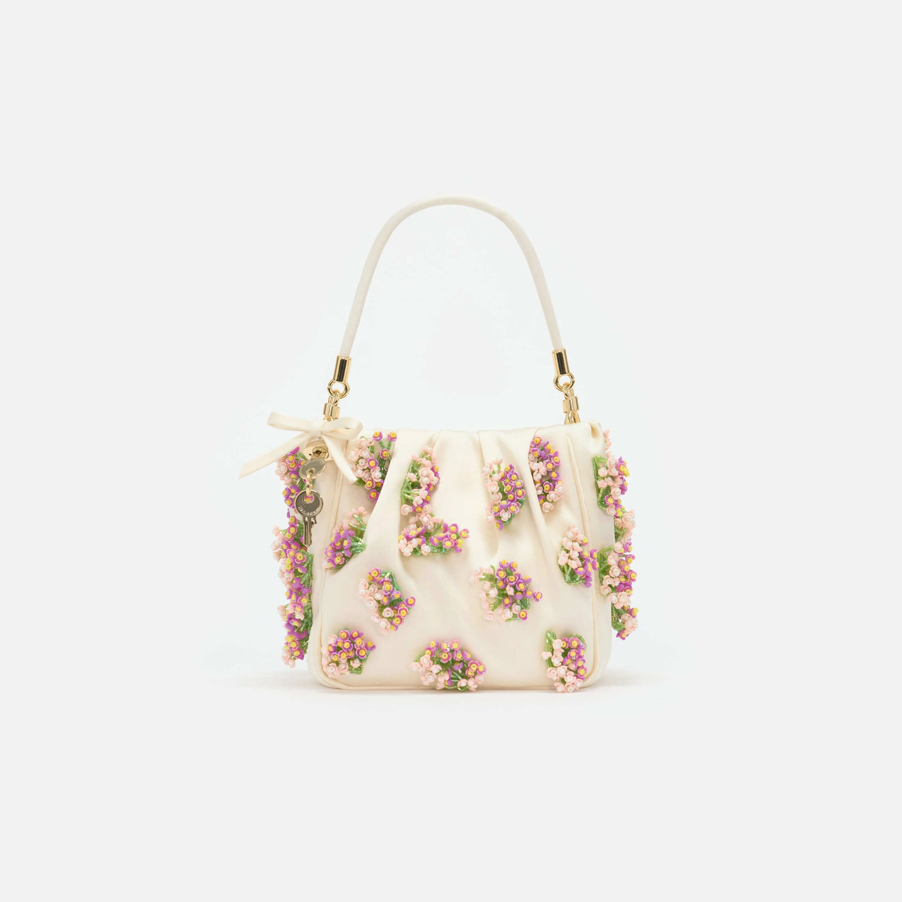 Cream Satin Floral Beaded Tote Bag - 1