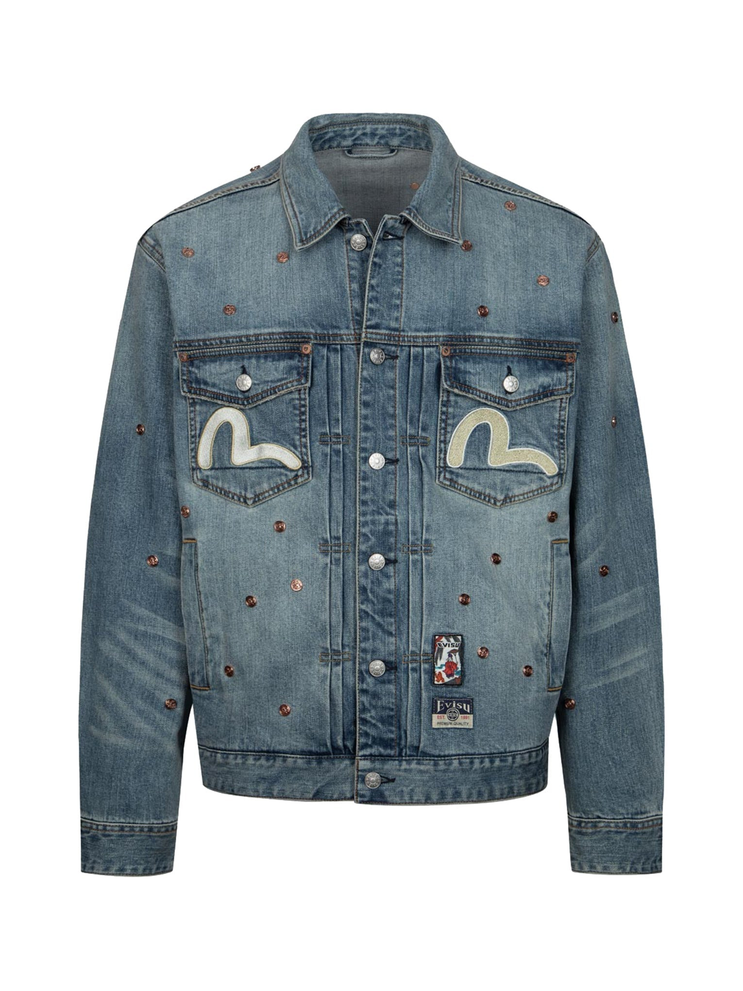 ALLOVER RIVETS AND SEAGULL APPLIQUE RELAX FIT DENIM JACKET - 13