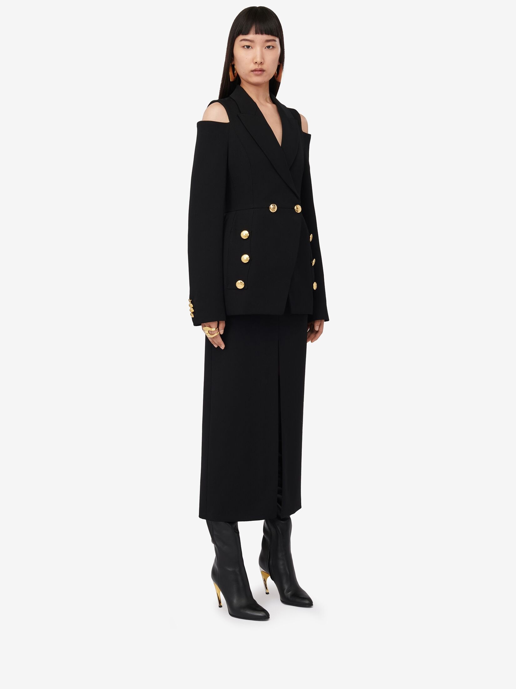 Women's Cut-out Double-breasted Military Jacket in Black - 3