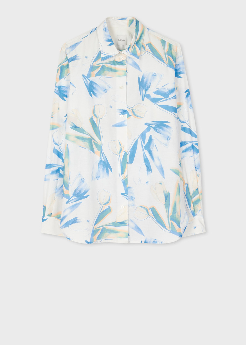 Women's Blue Cotton-Silk 'Tulip' Print Shirt 1