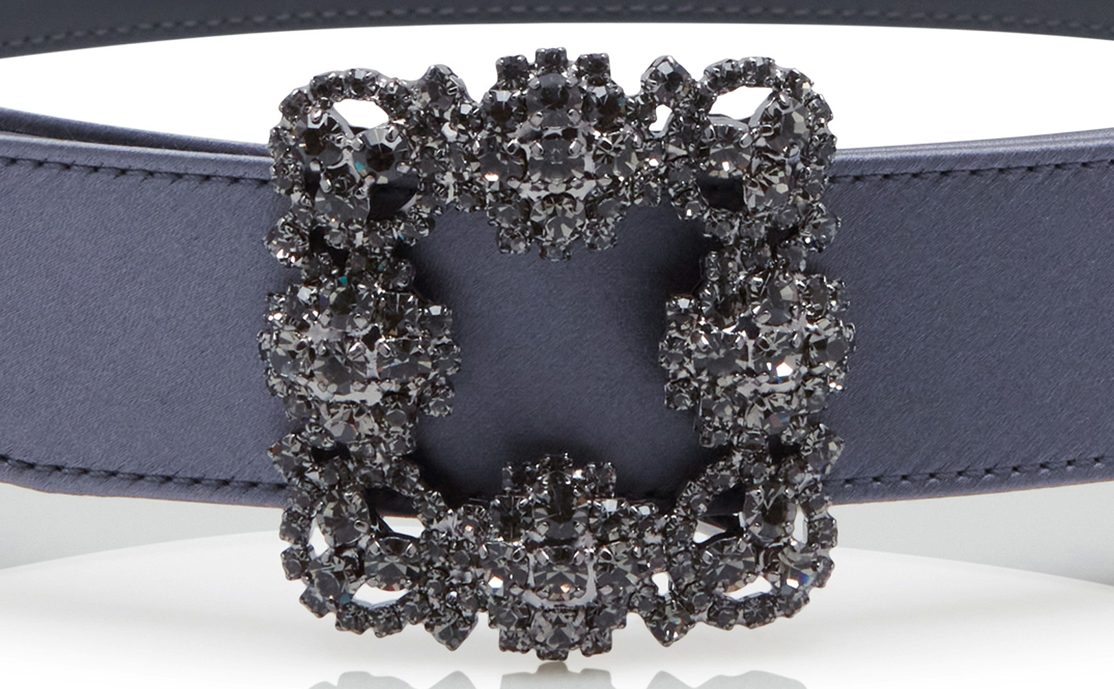 Blue-Grey Satin Crystal Buckled Belt - 4