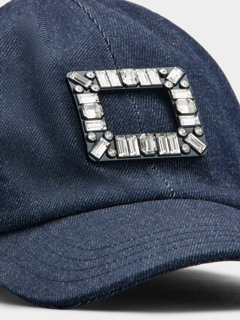 Roger Vivier Viv' Skate Strass Buckle Baseball Cap in Denim outlook