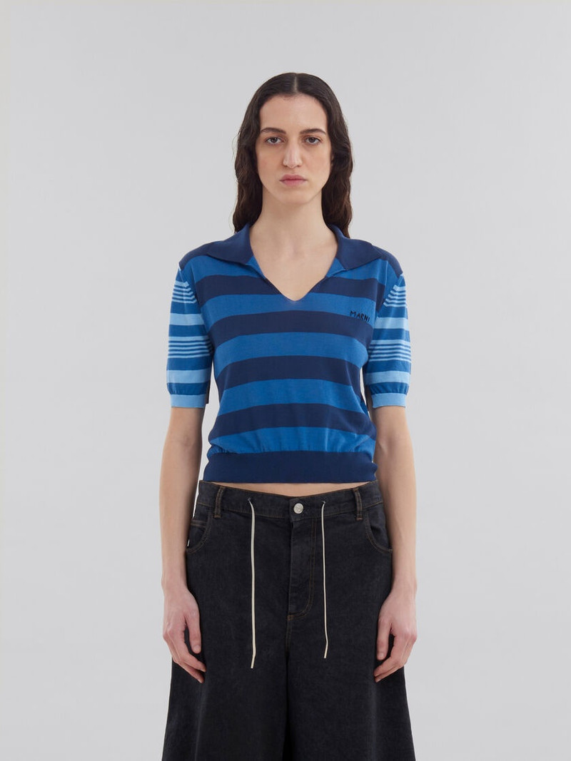 Marni BLUE CONTRAST-STRIPE LIGHT COTTON SHORT-SLEEVED JUMPER outlook