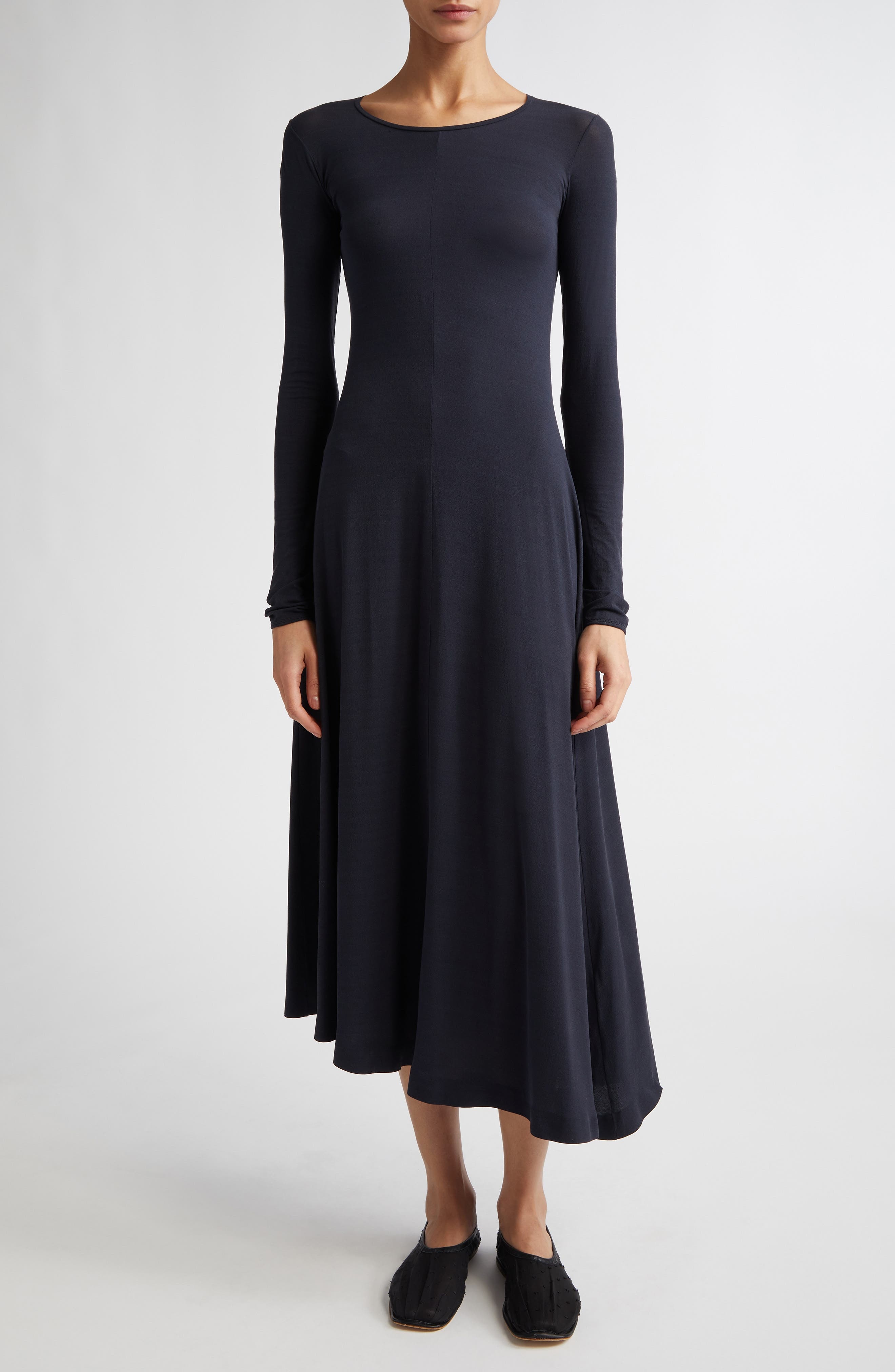 FFORME Jo Long Sleeve Stretch Silk Crepe Jersey Asymmetric Dress in Navy at Nordstrom - 1