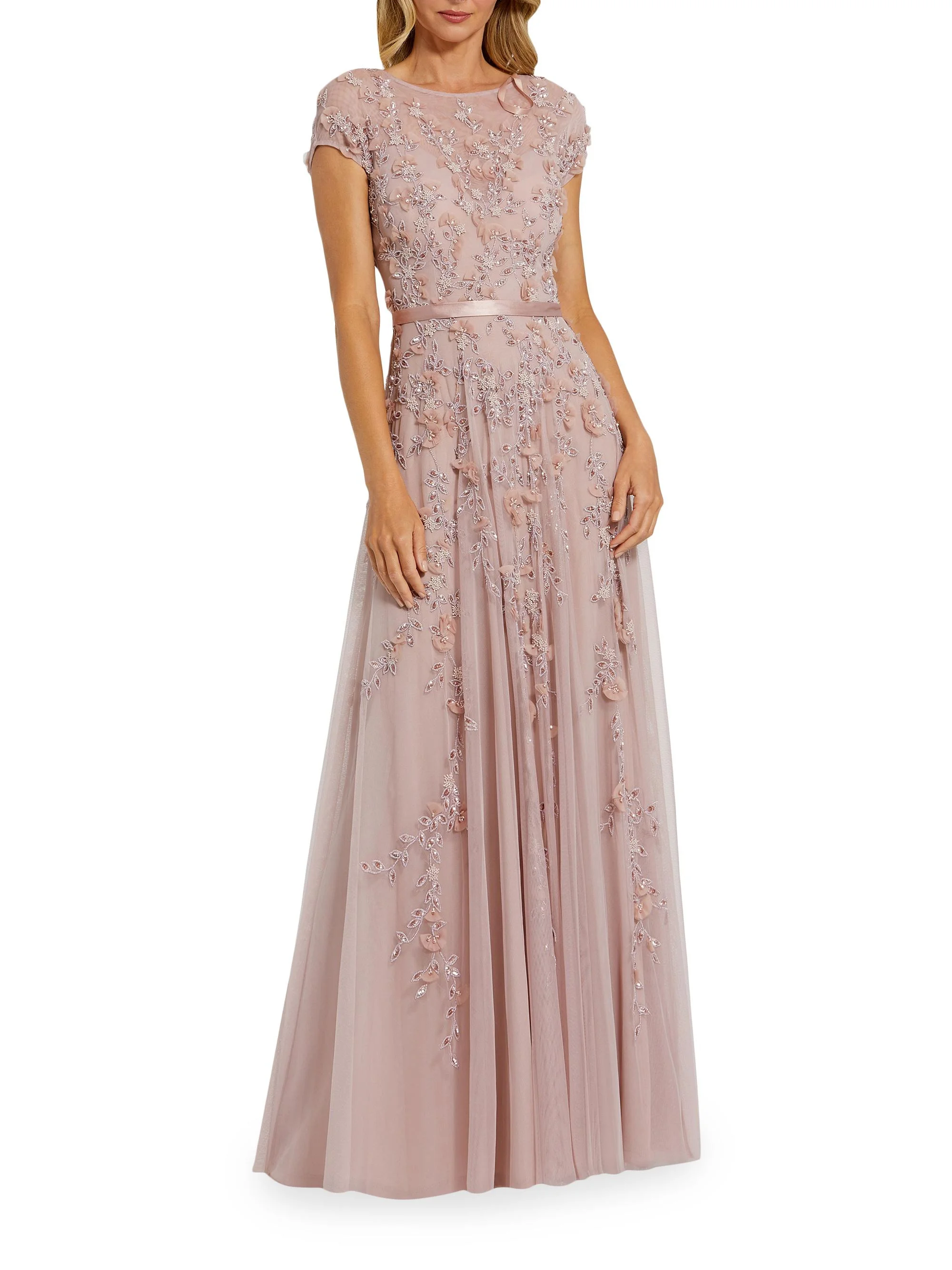 Women's Evening Floral-Embroidered Mesh Gown - Mocha - 1