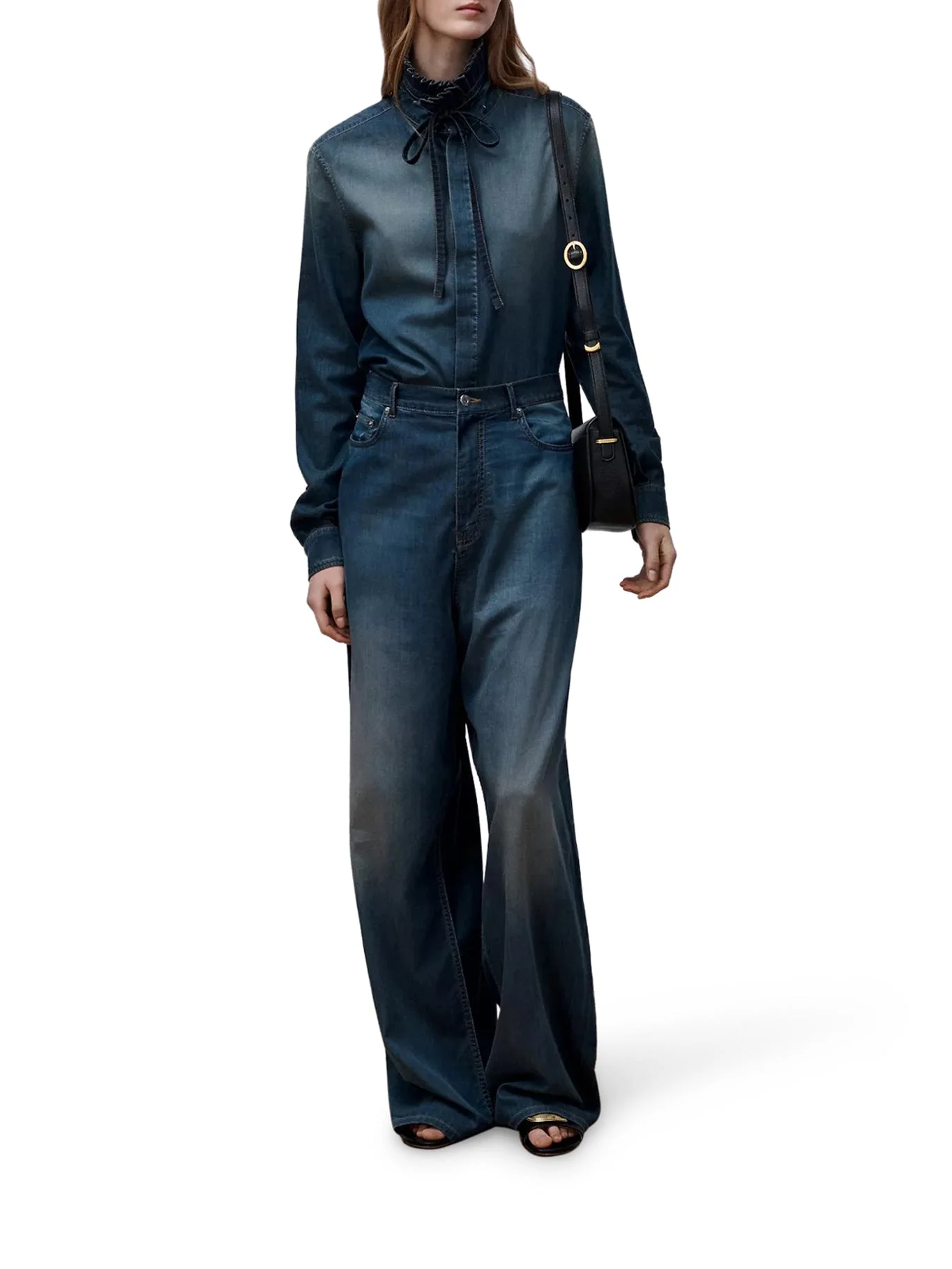 LONG BLOUSE WITH KNOT COLLAR IN COTTON DENIM - 1