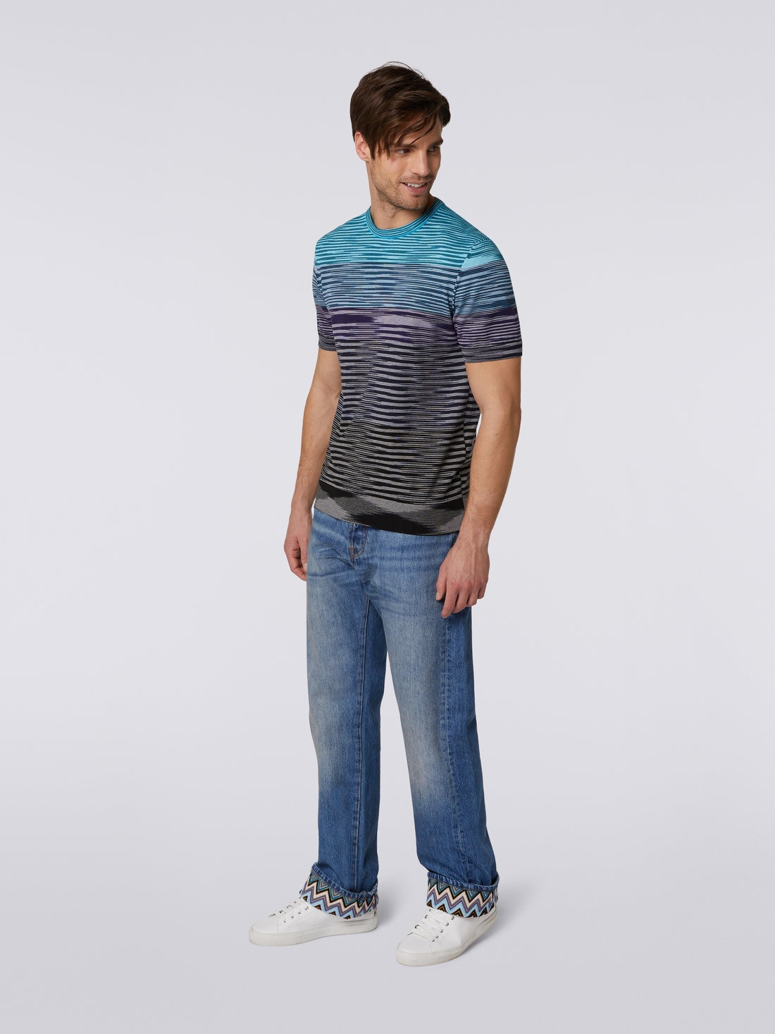 Short-sleeved crew-neck T-shirt in cotton knit with dégradé stripes - 3