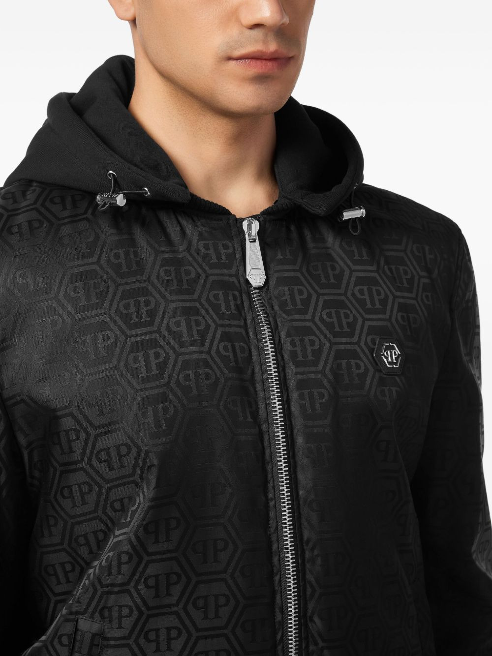 logo-pattern hooded bomber jacket - 4