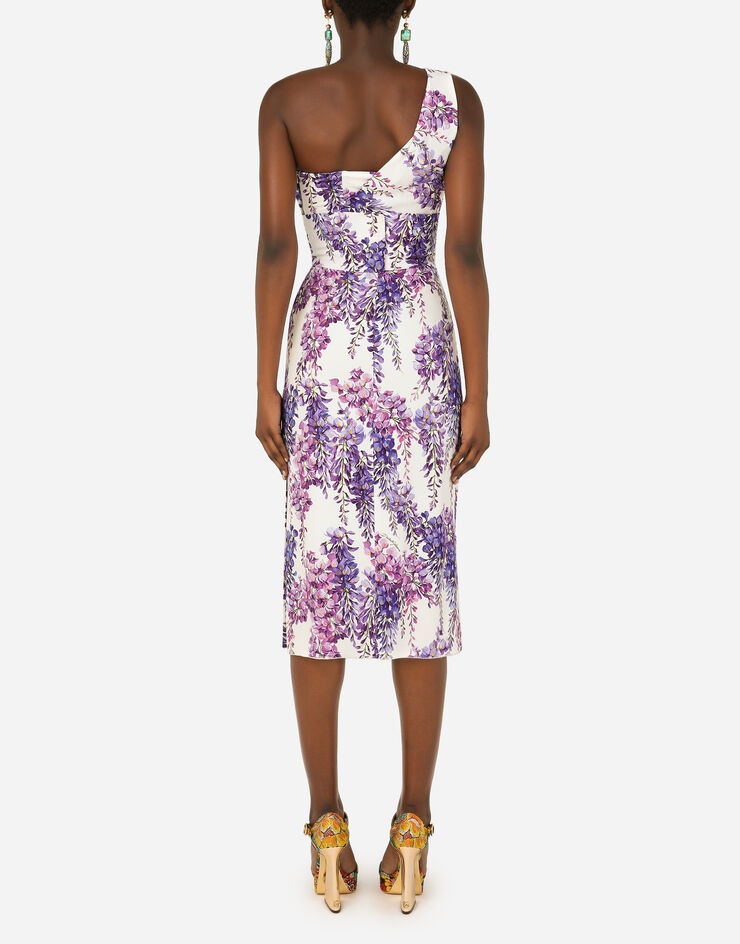 Wisteria-print one-shoulder calf-length cady dress - 2