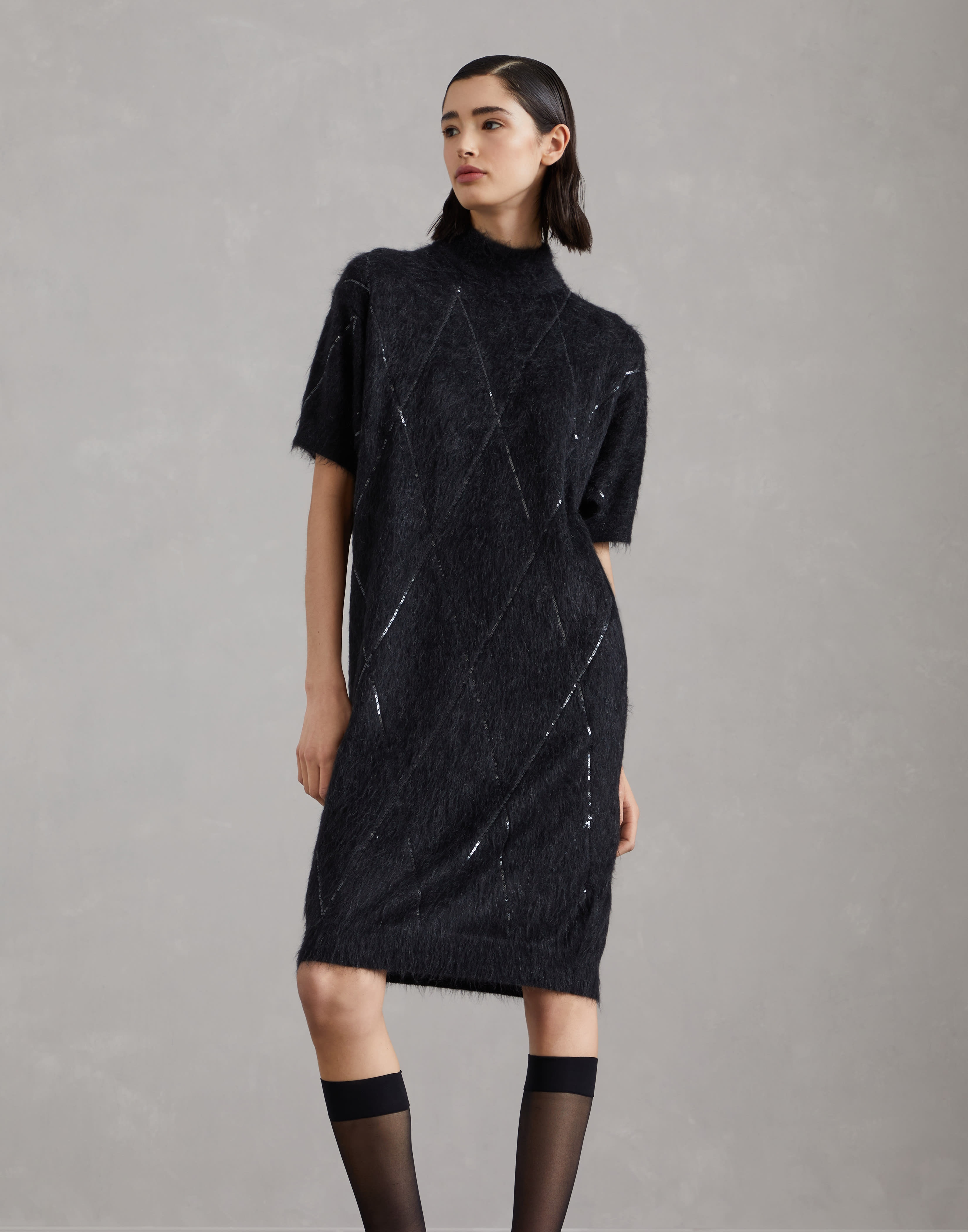 Mohair, wool, cashmere and silk knit dress with dazzling argyle embroidery - 1