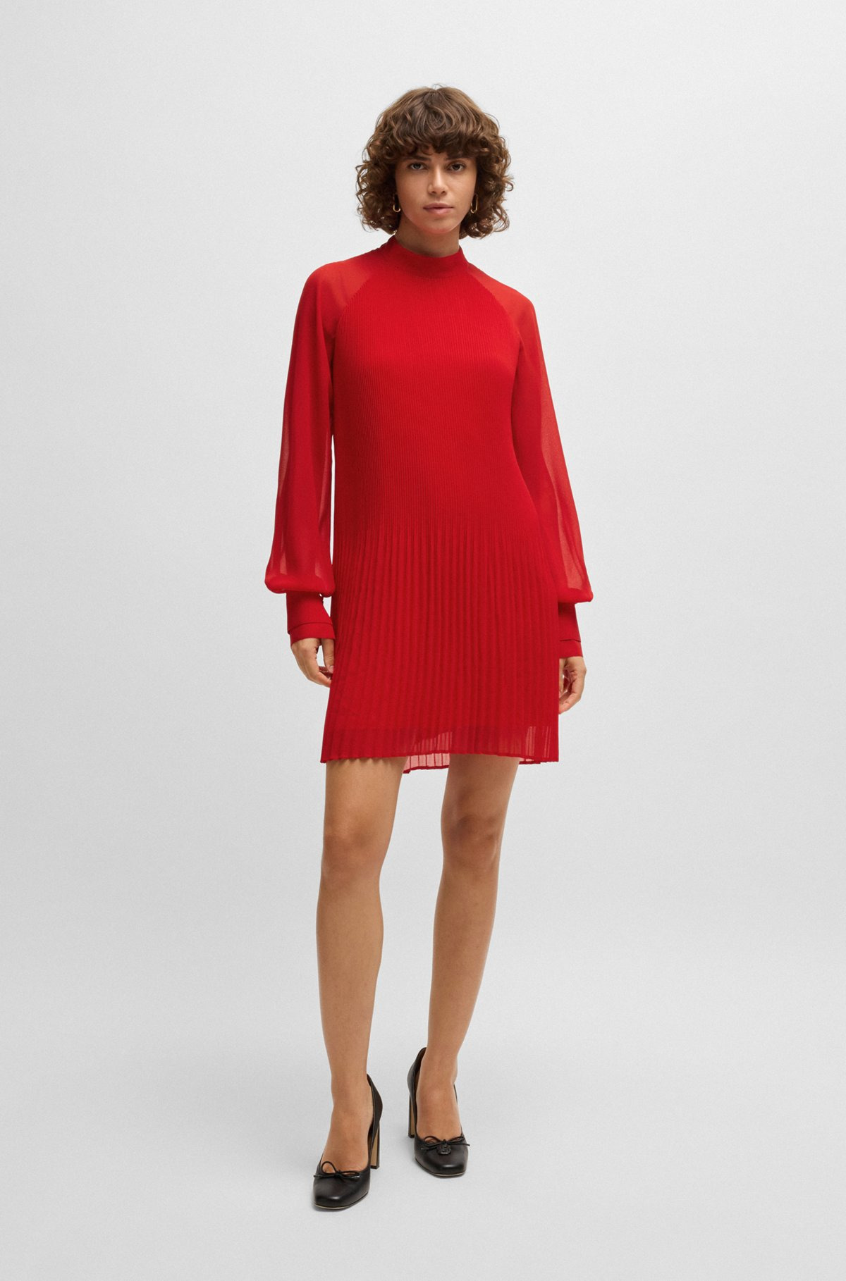 HIGH-NECK DRESS WITH PLISSÉ PLEATS AND SHEER SLEEVES - 3