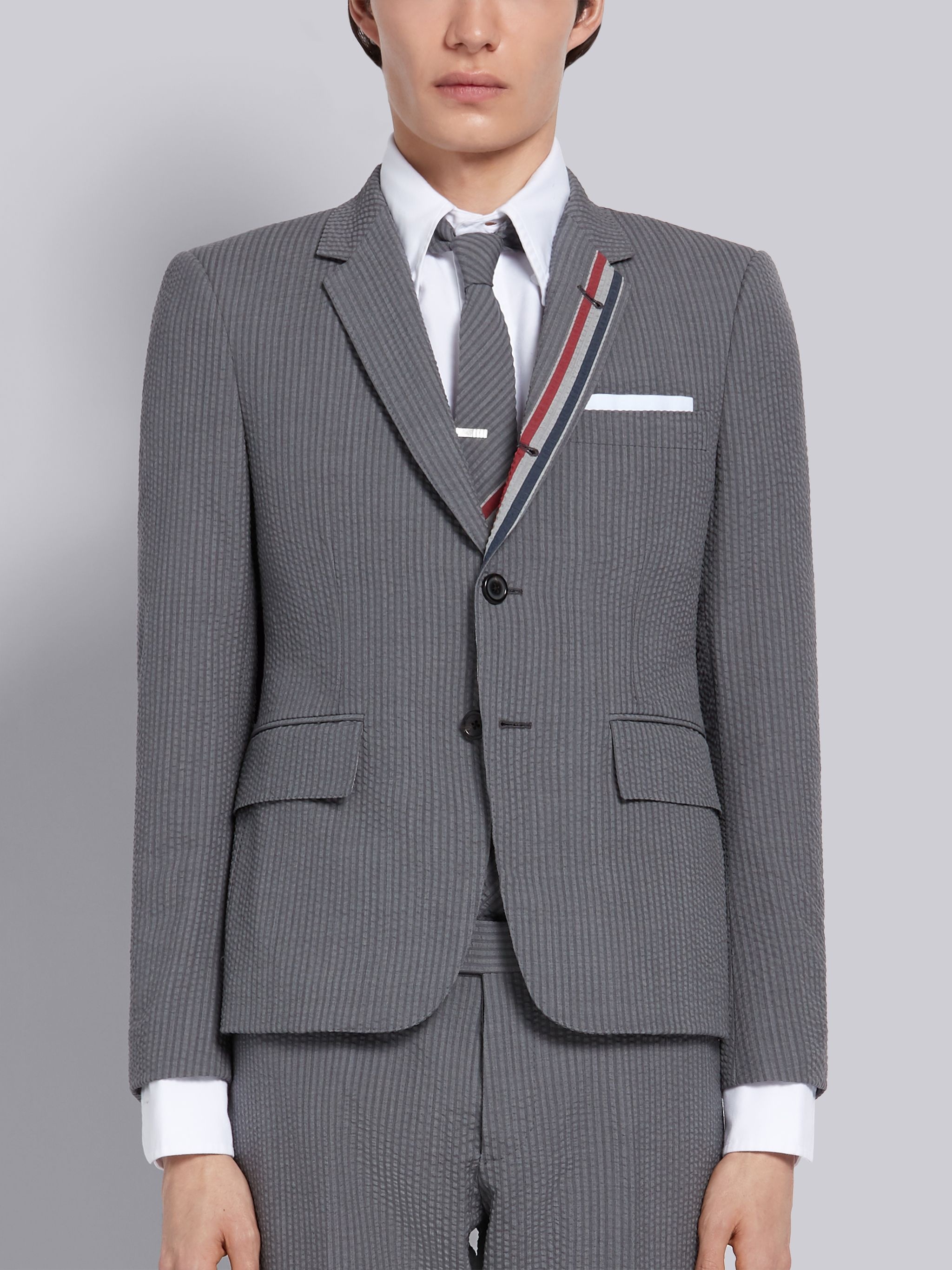 Light Grey Wool Seersucker Engineered Stripe High Armhole Jacket - 1