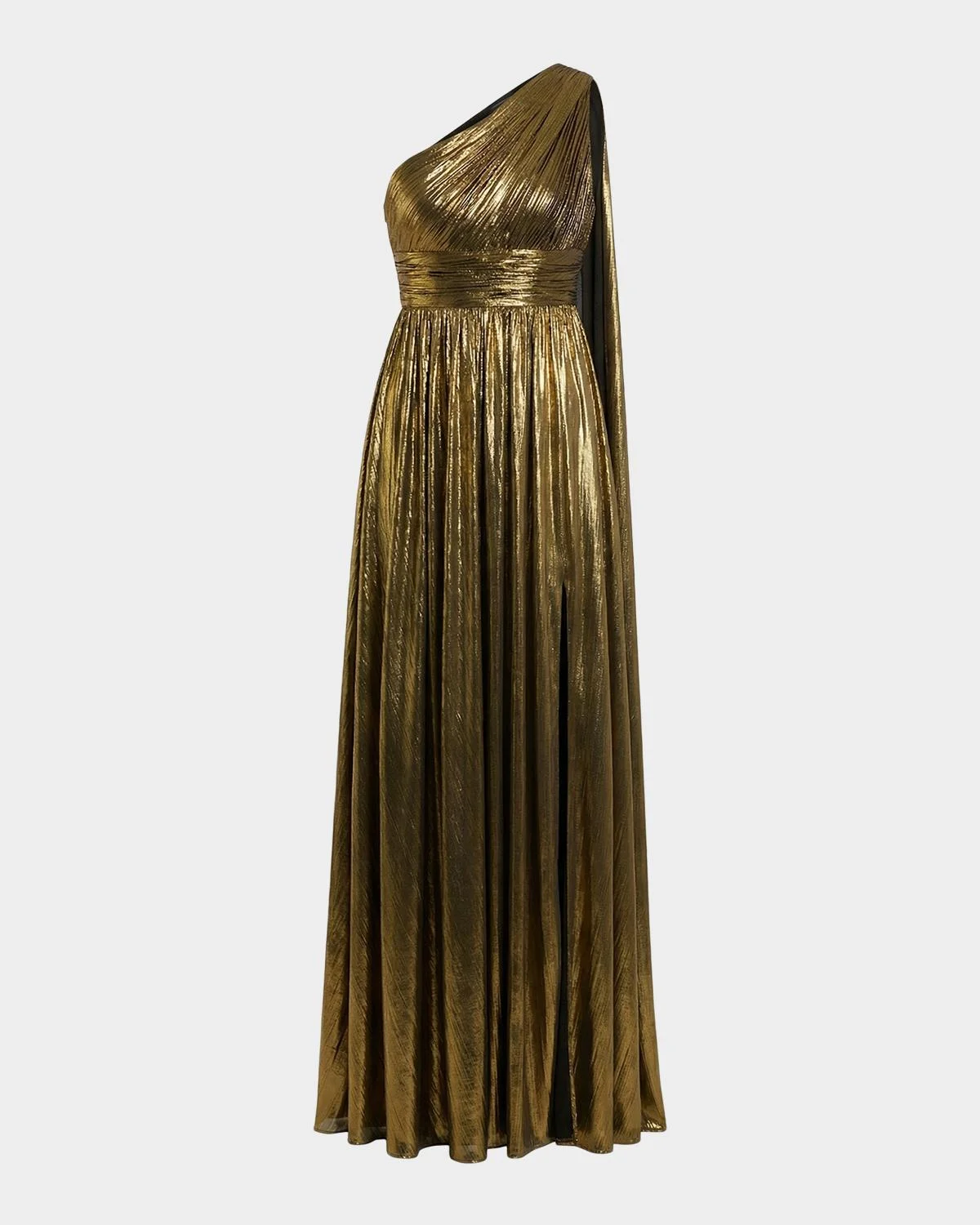 Draped One-Shoulder Metallic Lame Gown - 1