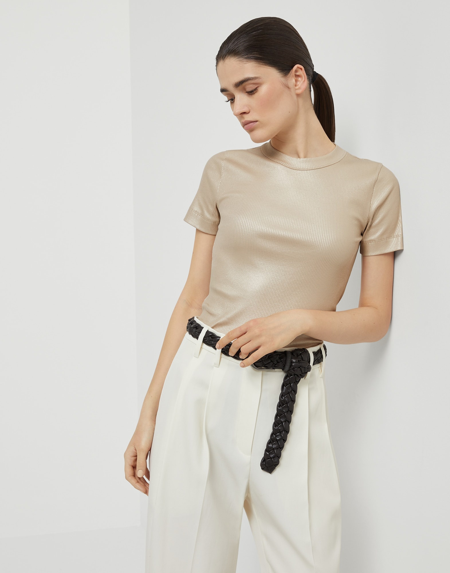 Sparkling stretch cotton ribbed jersey T-shirt with shiny tab - 4