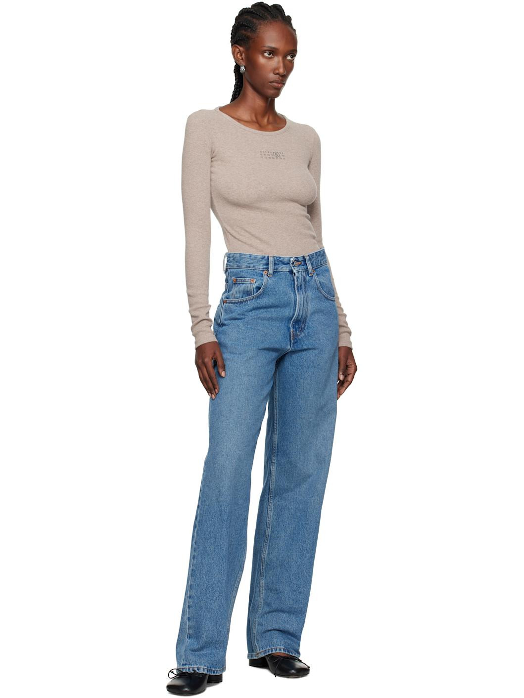 Taupe Wool-Blend Rib Jersey Long-Sleeved T-shirt - 5