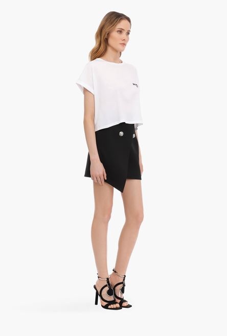 Cropped white cotton T-shirt with flocked black Balmain logo - 7