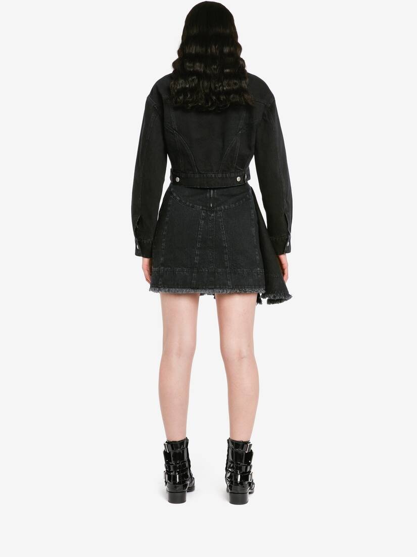 Women's Asymmetric Mini Denim Skirt in Black - 4