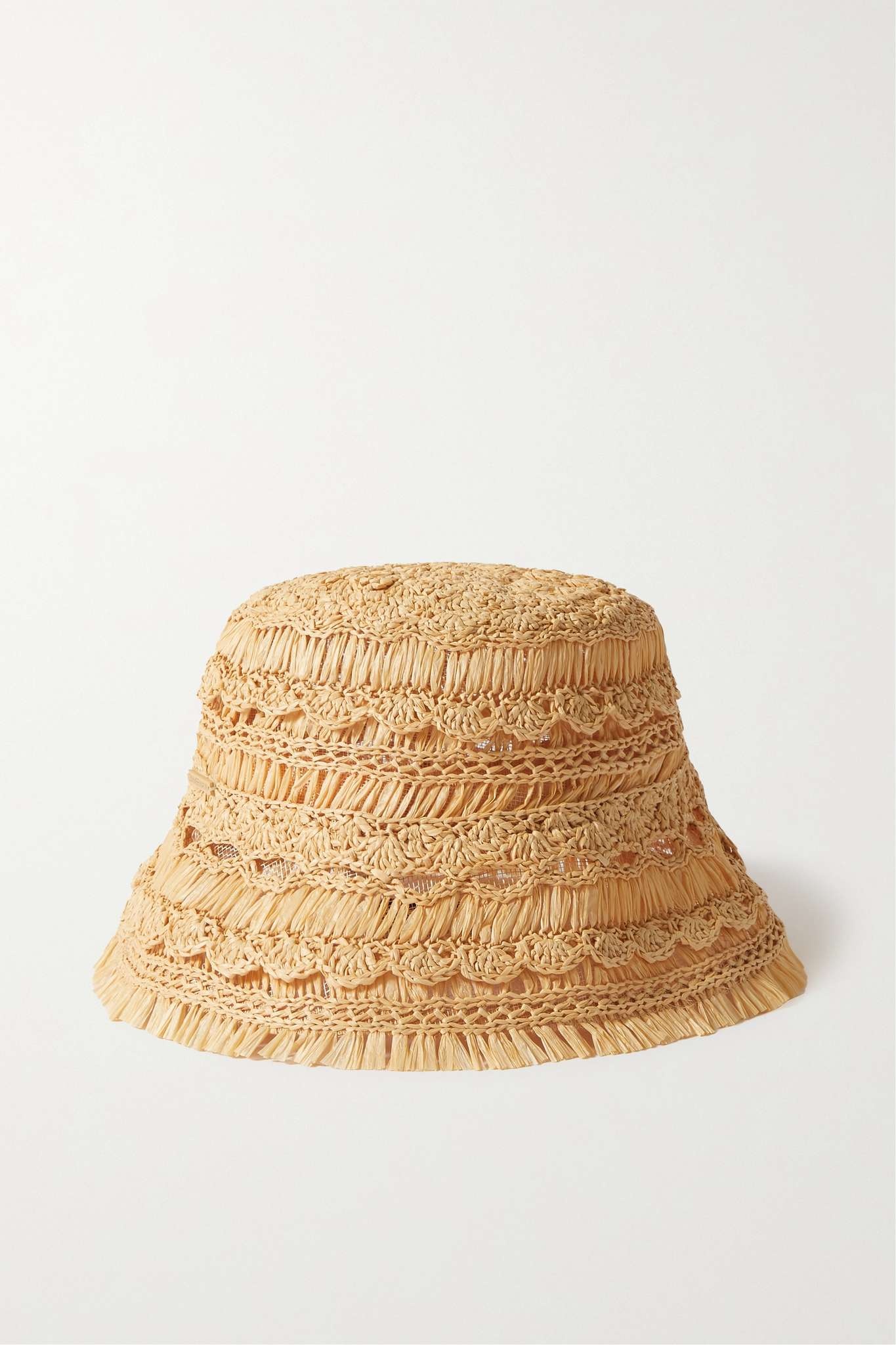 Postcard fringed crocheted straw bucket hat - 1