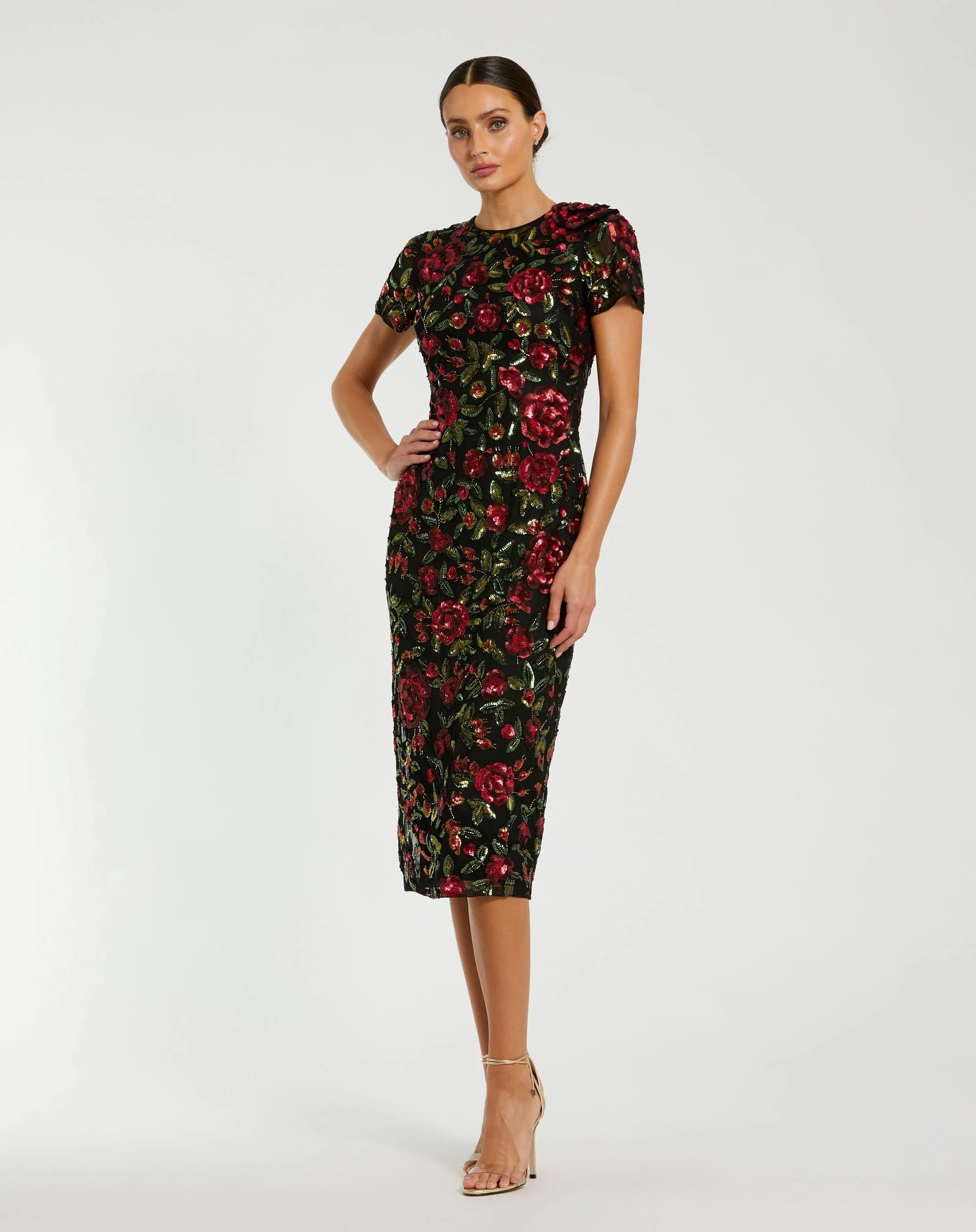 Black High Neck Floral Embellished Midi Dress - 1