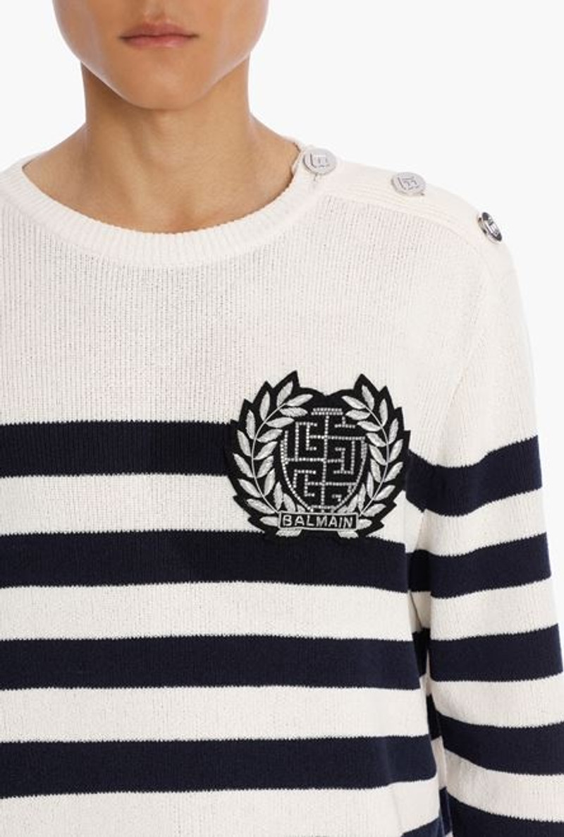 Ecru and black cotton nautical sweater with embroidered Balmain badge 6