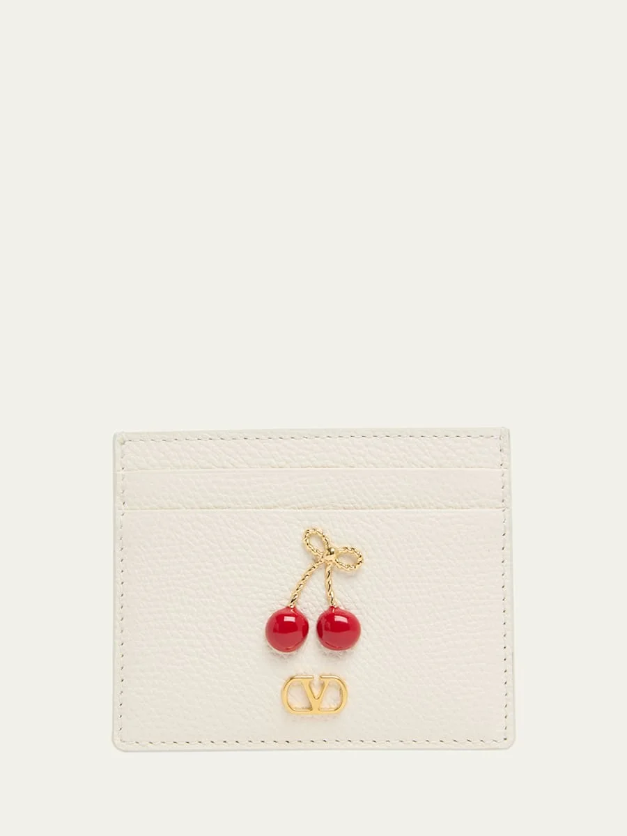 Cherry-Embellished Leather Card Case - 1