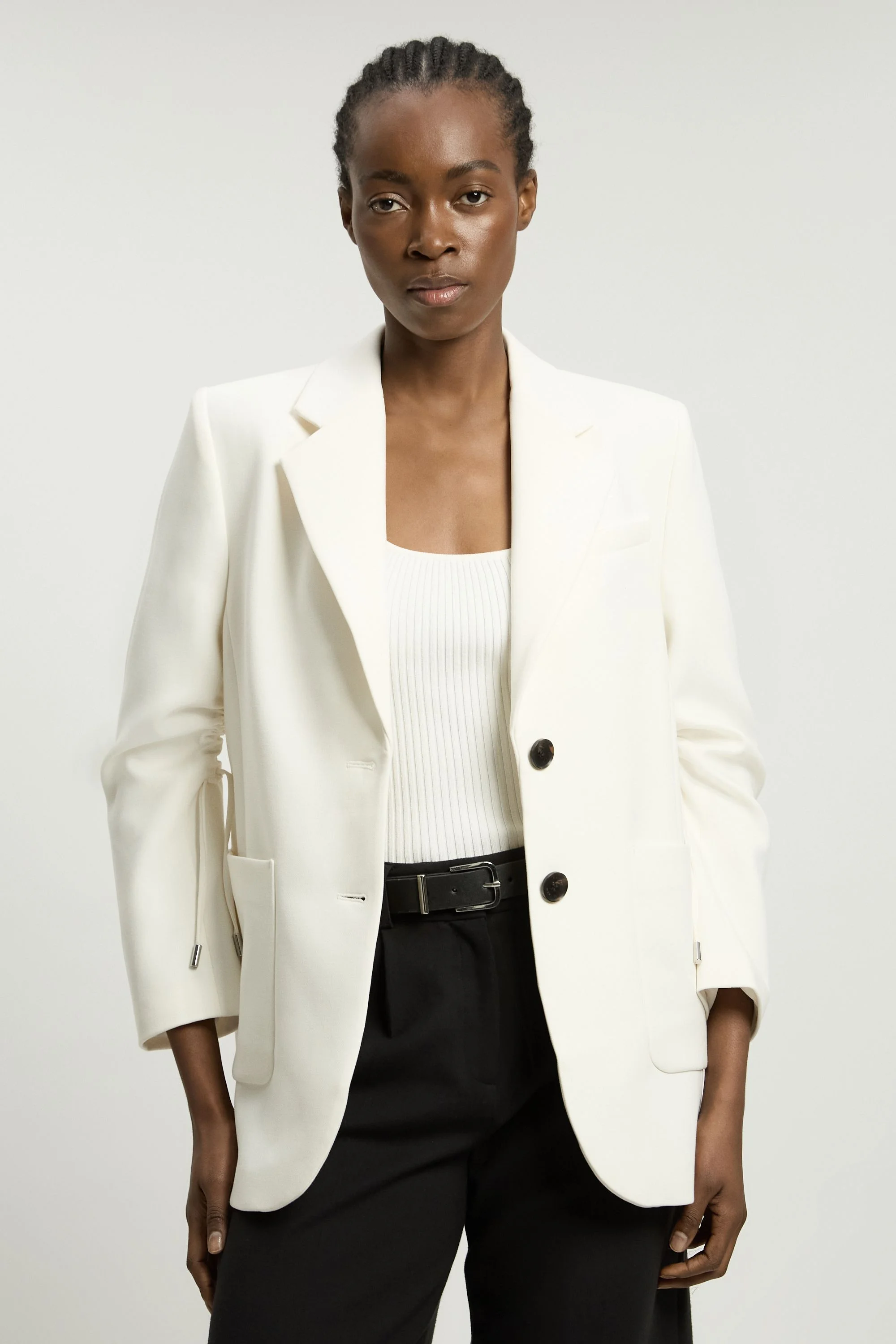 Compact Stretch Ruched Sleeve Detail Single Breasted Blazer - 1