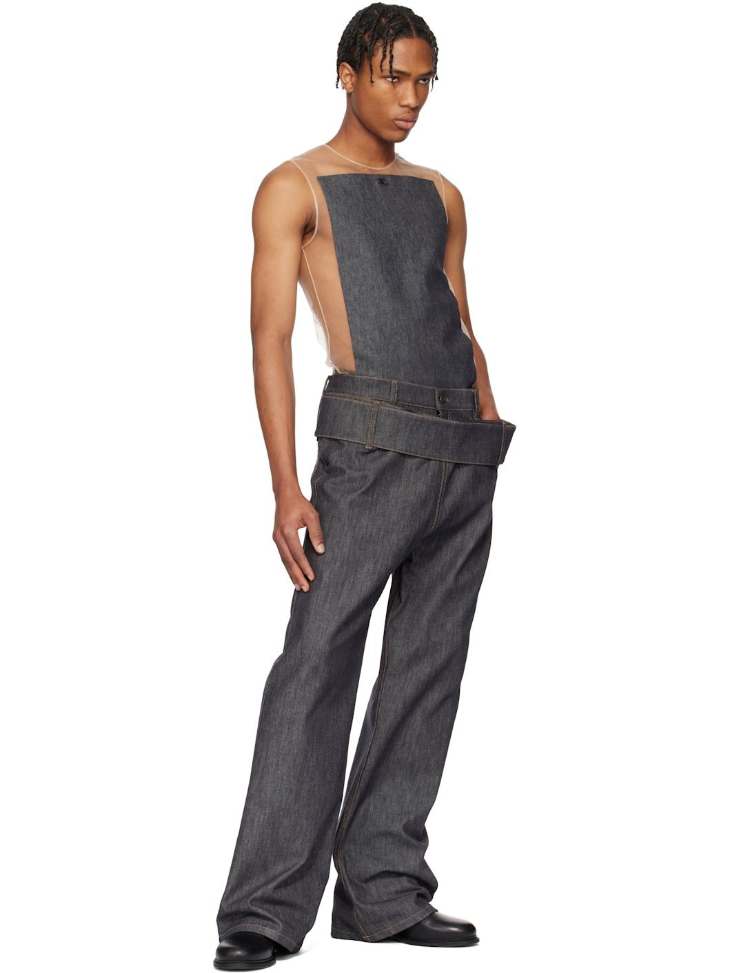 Beige & Gray Illusion Square Denim Tank Top - 5