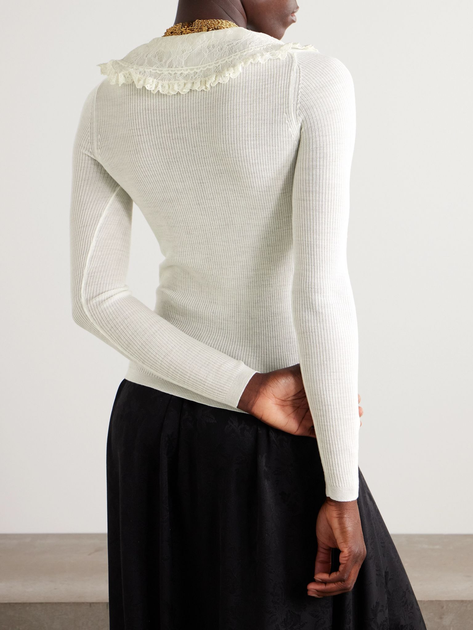 Lace-trimmed ribbed wool polo shirt White - 4
