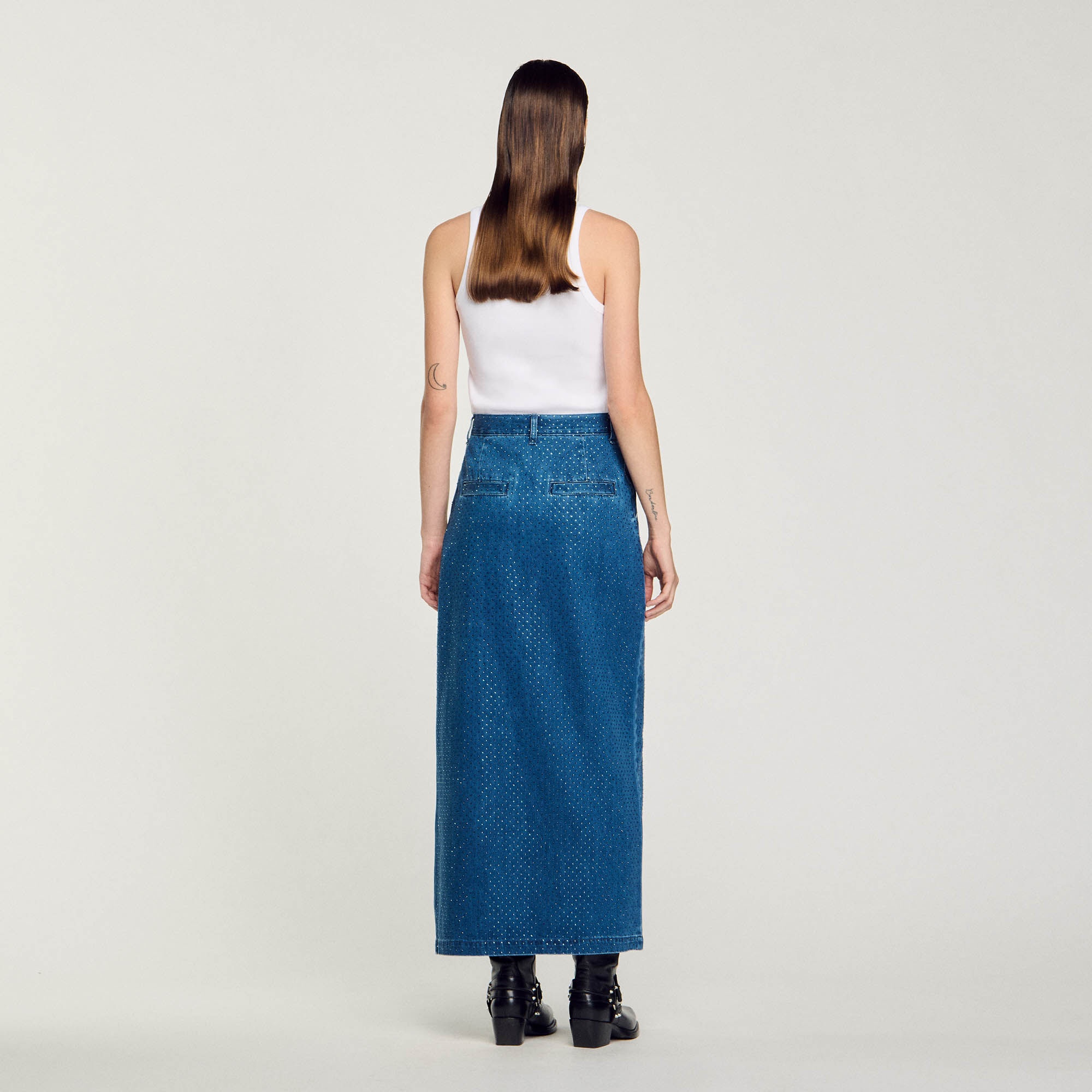 RHINESTONE DENIM MAXI SKIRT - 6