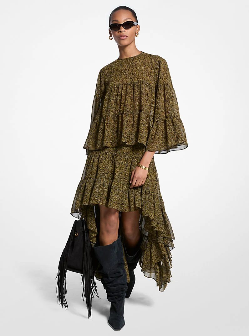 Paisley Print Georgette High-Low Tiered Skirt - 1