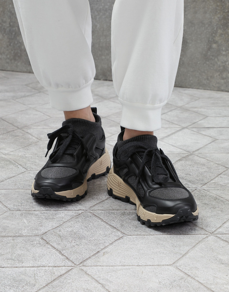 Brunello Cucinelli Matte calfskin and cotton knit trek runners with precious toe outlook