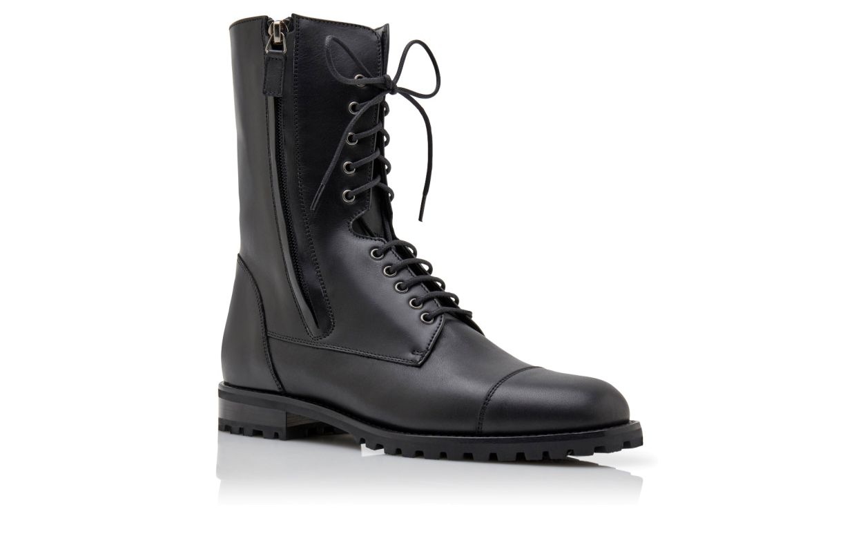 Black Calf Leather Military Boots - 6