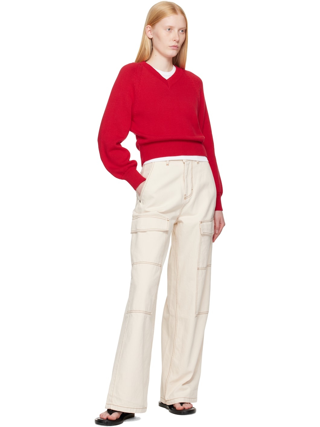 Beige Cotton Wide Fit Denim Cargo Pants - 4