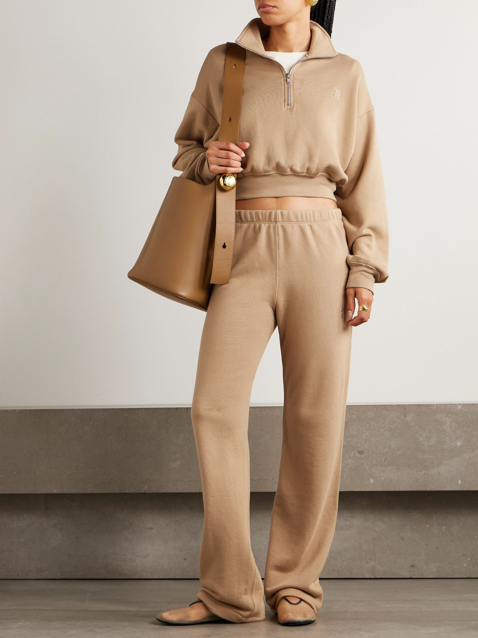 Cropped embroidered cotton and modal-blend jersey sweatshirt Taupe - 2