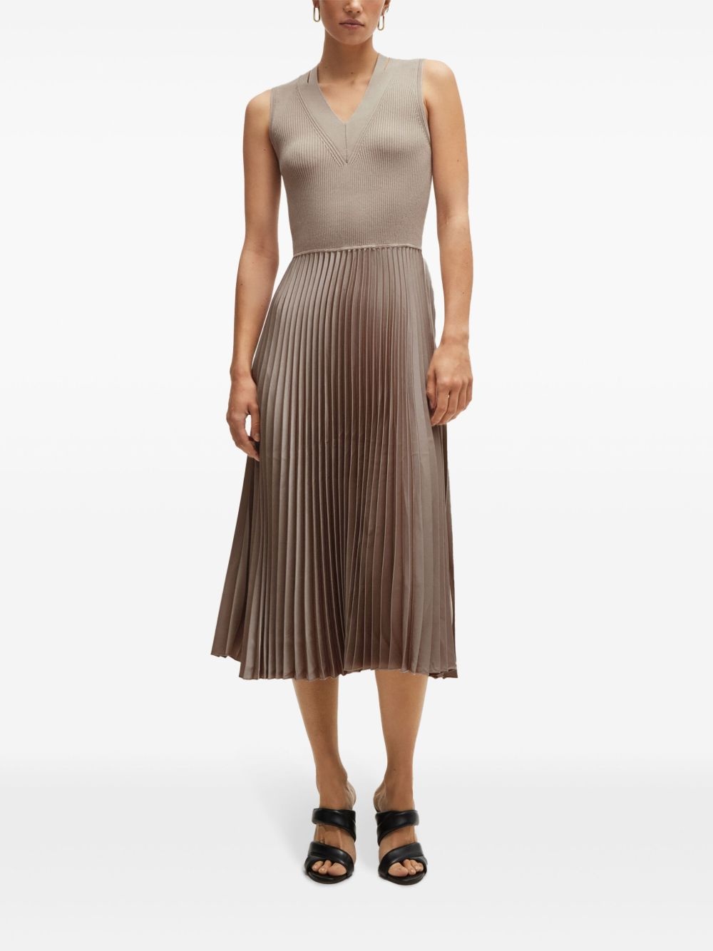 plissé-skirt flared midi dress - 3