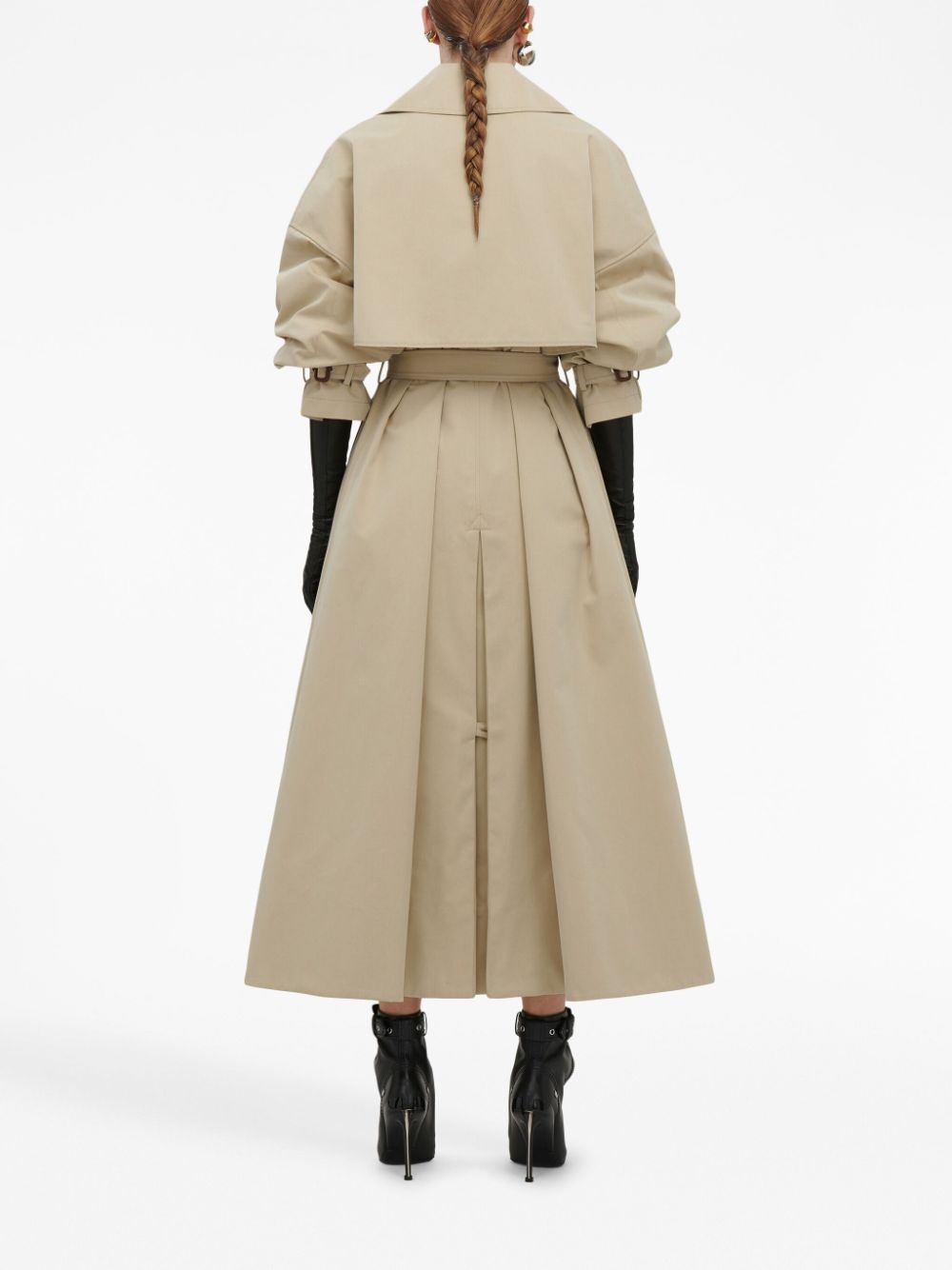 Pleated Trench Coat Beige Cotton Gabardine