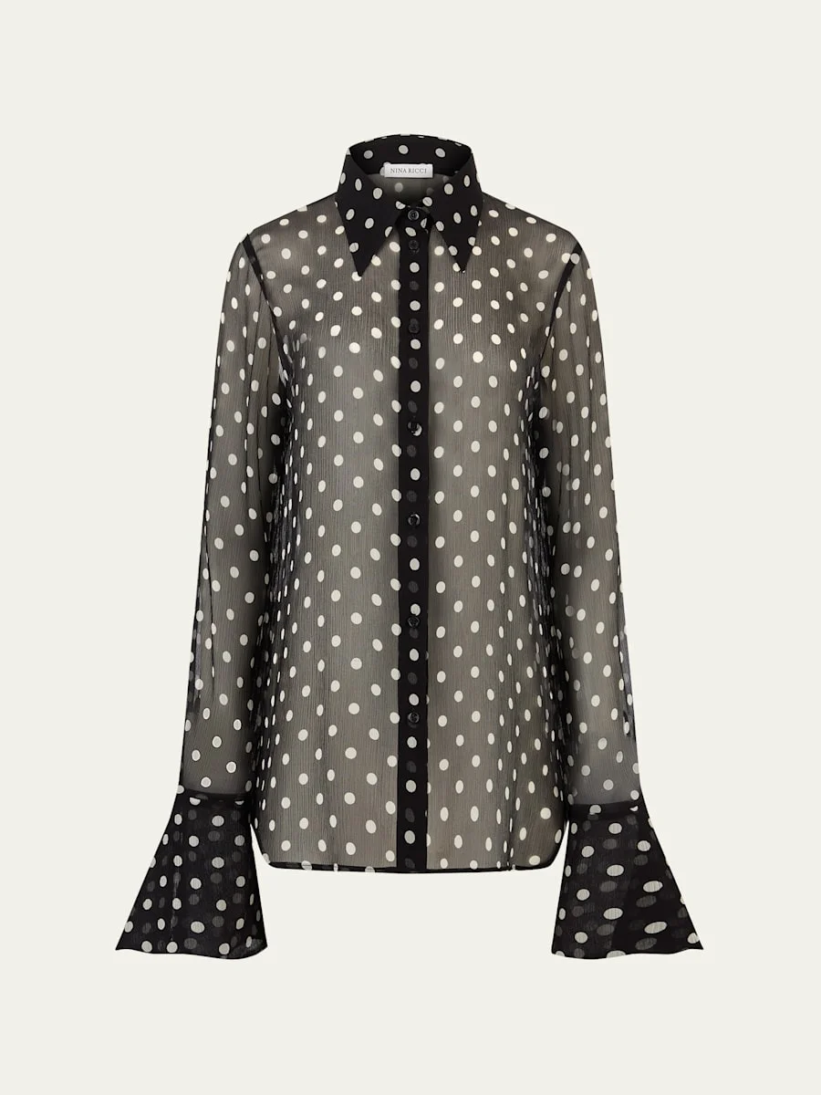 Chiffon Polka Dot Bell Cuff Blouse - 1