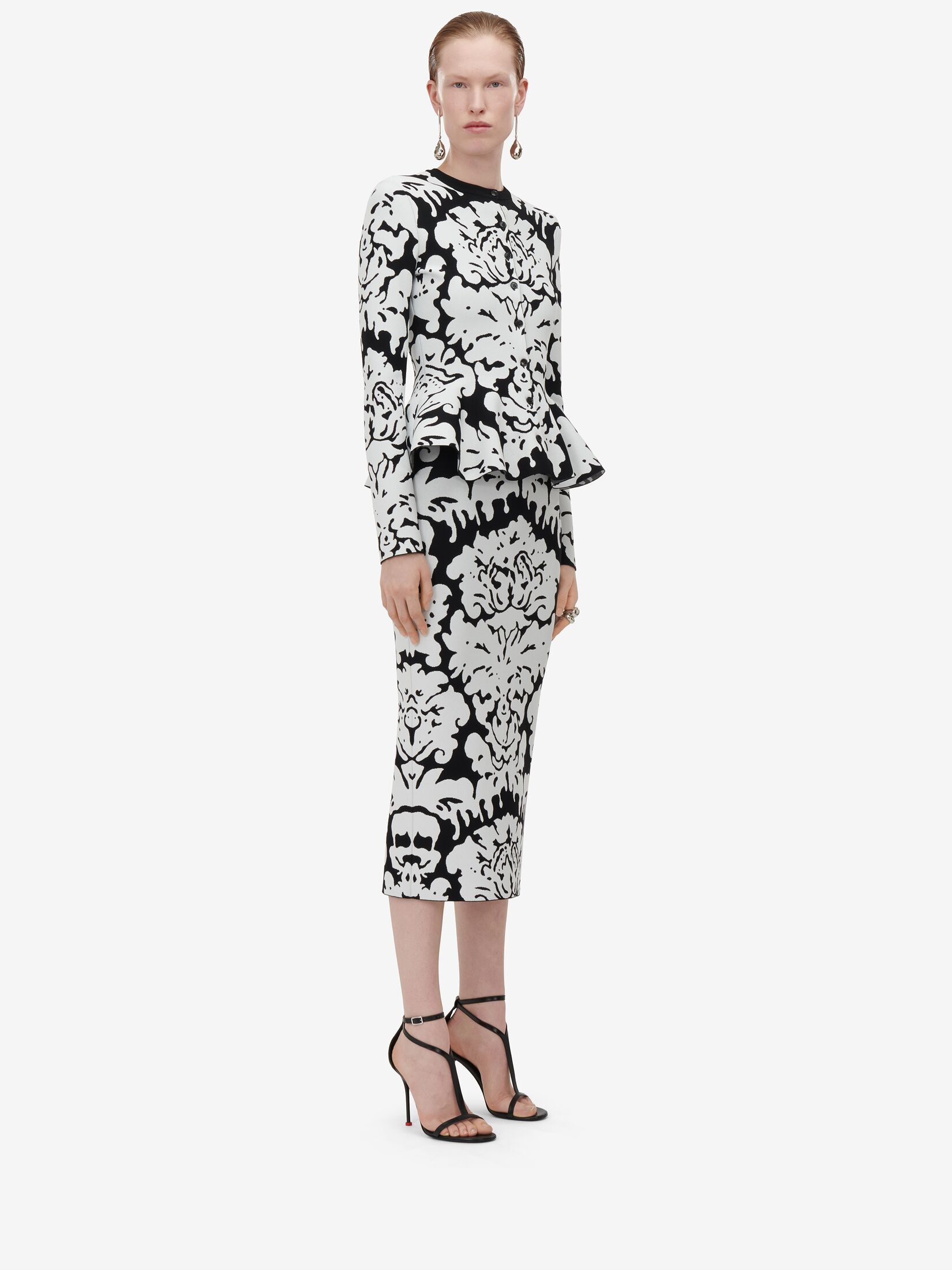 Women's Damask Jacquard Pencil Skirt in Black/white - 3