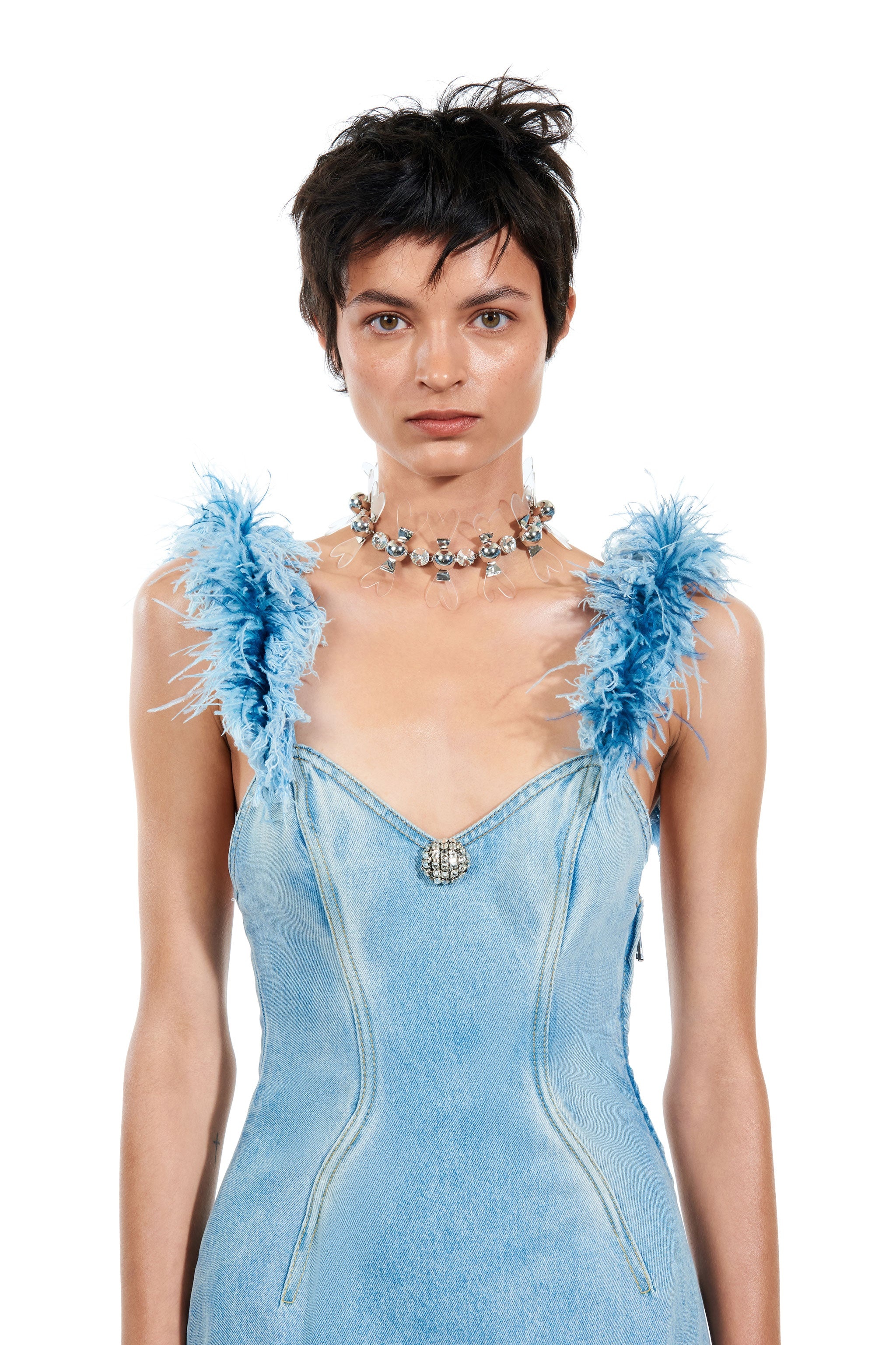 FRAYED DENIM FEATHER MINI DRESS - 3