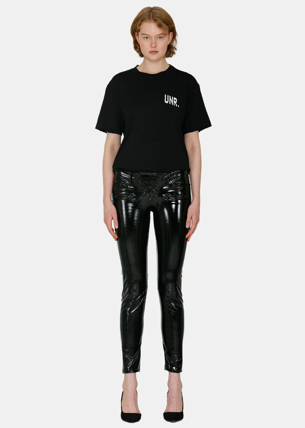 Black Lace-Up Spliced Pants - 1