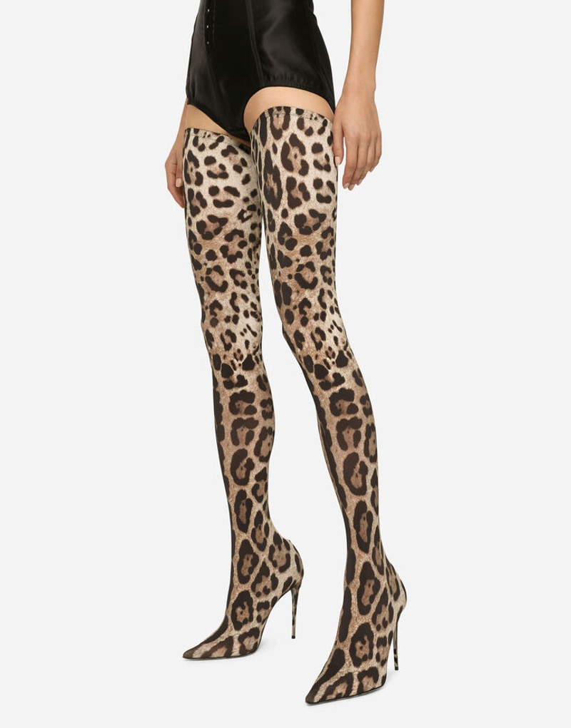 Leopard-print stretch fabric thigh-high boots 4