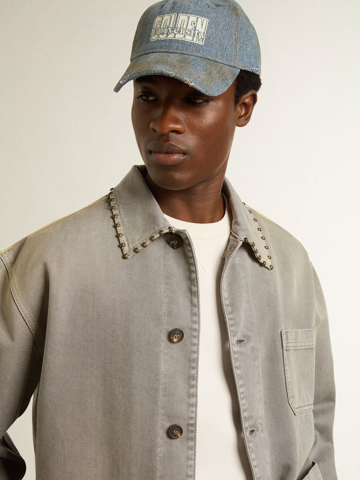 Men's gray denim jacket with studs - 5