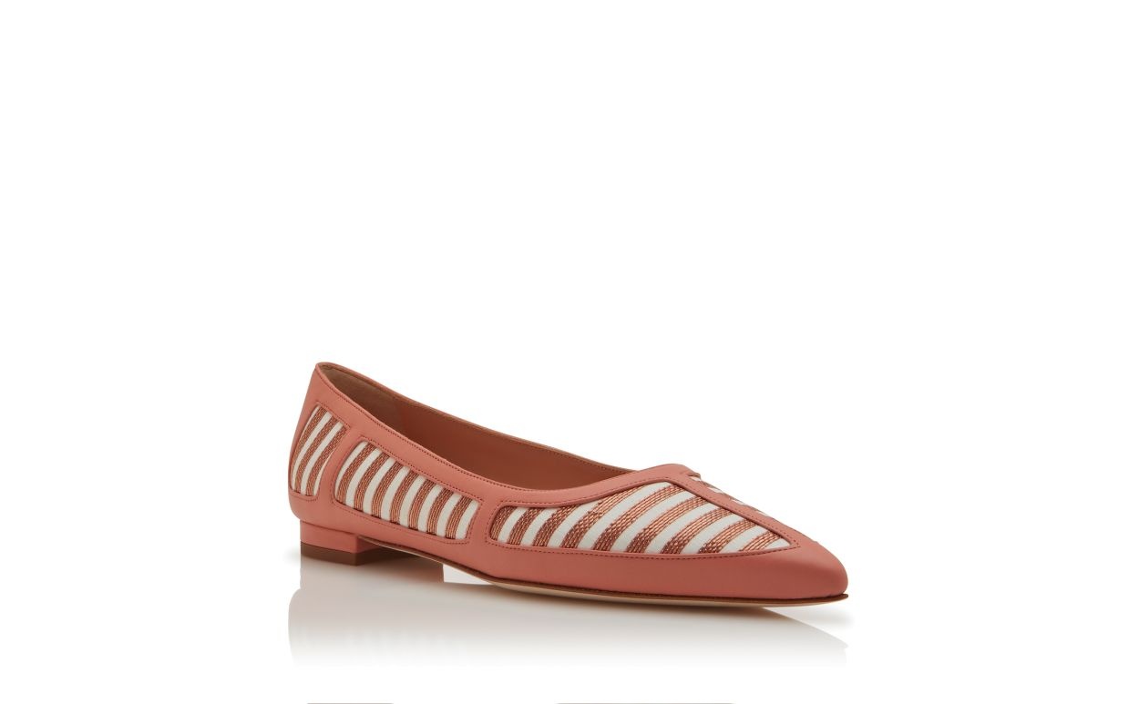 Coral and Brown Nappa Leather Flat Pumps - 3