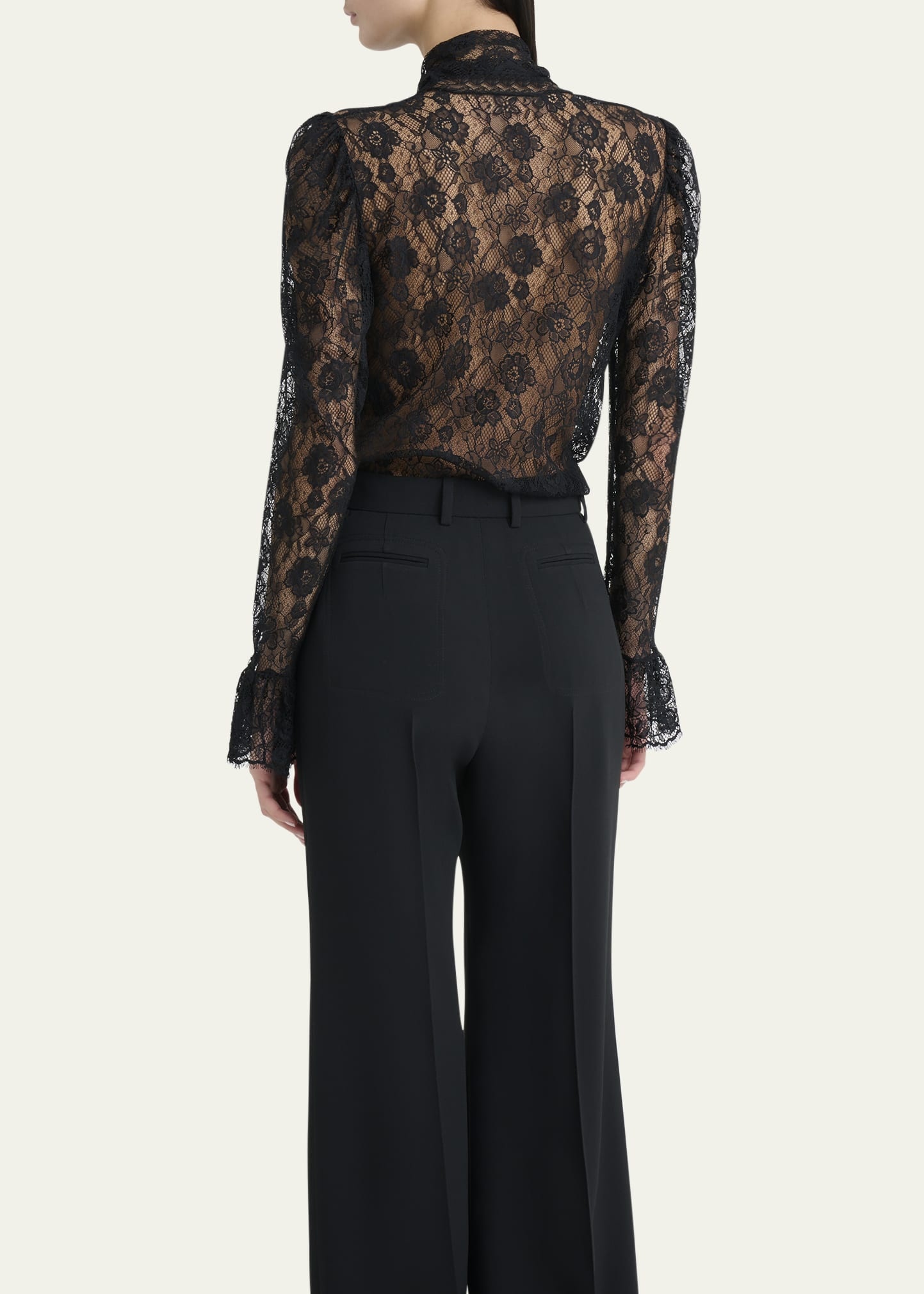 Tie-Neck Lace Button-Down Blouse - 3